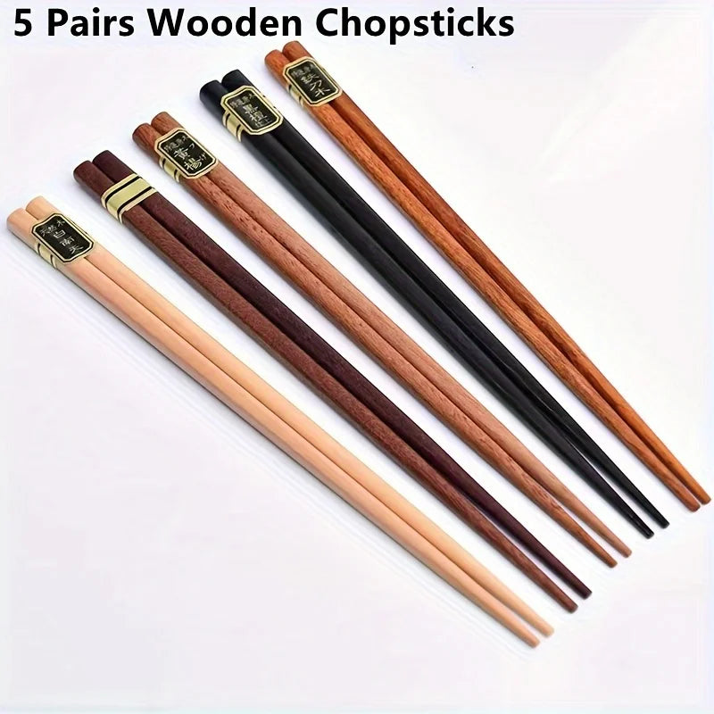 Elegant 5-Color Natural Wooden Chopsticks (5 Pairs)