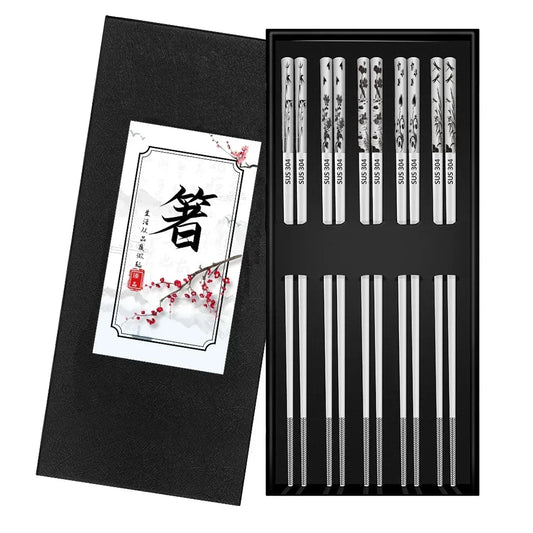 Premium Laser-Patterned 304 Stainless Steel Chopsticks (5 Pairs)
