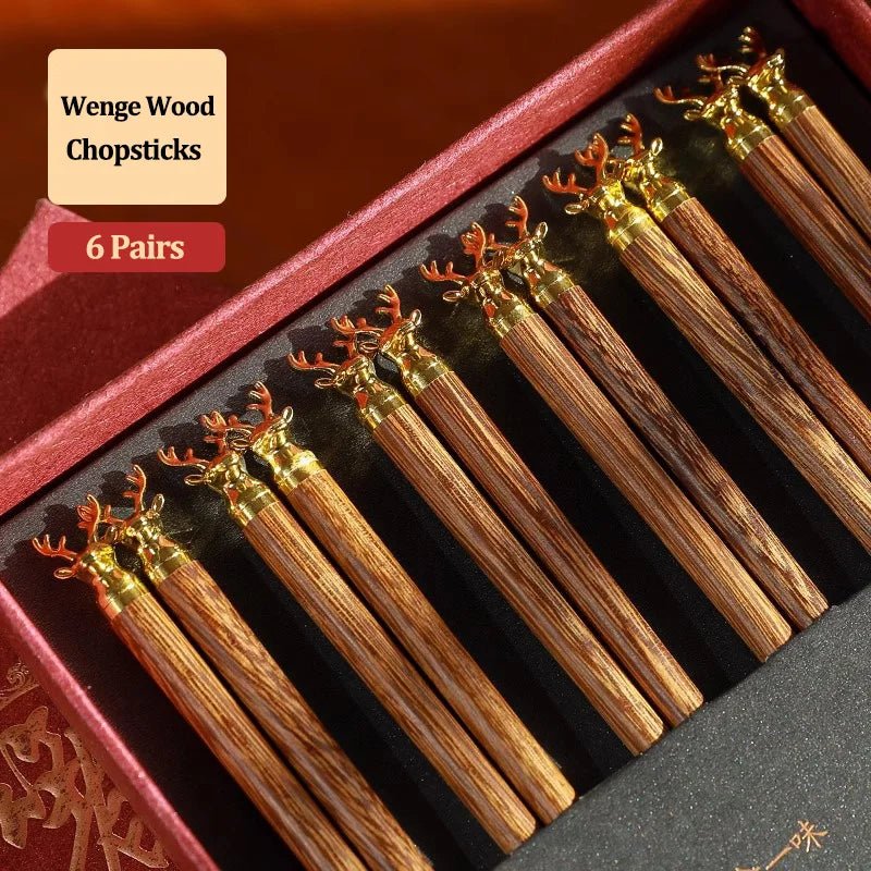 Luxury Dragon Carved Wooden Chopsticks Gift Box (6/10 Pairs) - Aptiaide14:173Deer-6Pairs