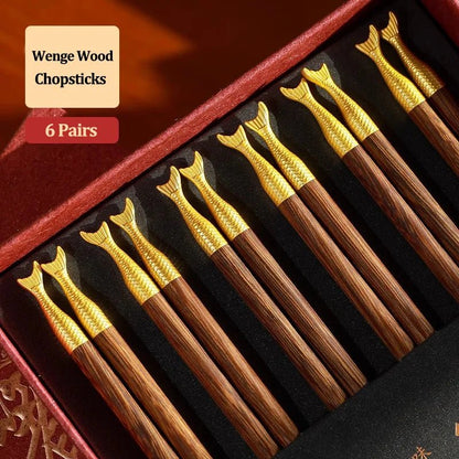 Luxury Dragon Carved Wooden Chopsticks Gift Box (6/10 Pairs) - Aptiaide14:691Fish-6Pairs