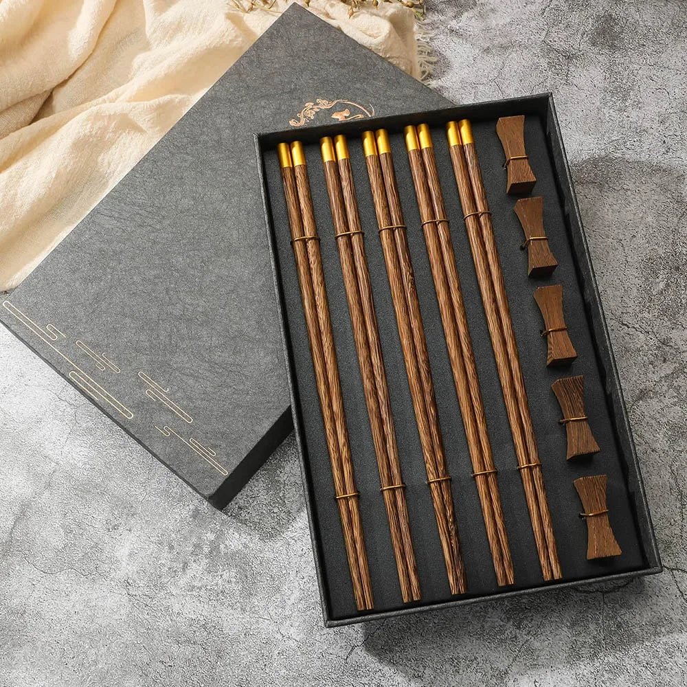 Natural Wood Chinese Chopsticks Gift Set (5 Pairs) - Aptiaide14:175Grey gift box