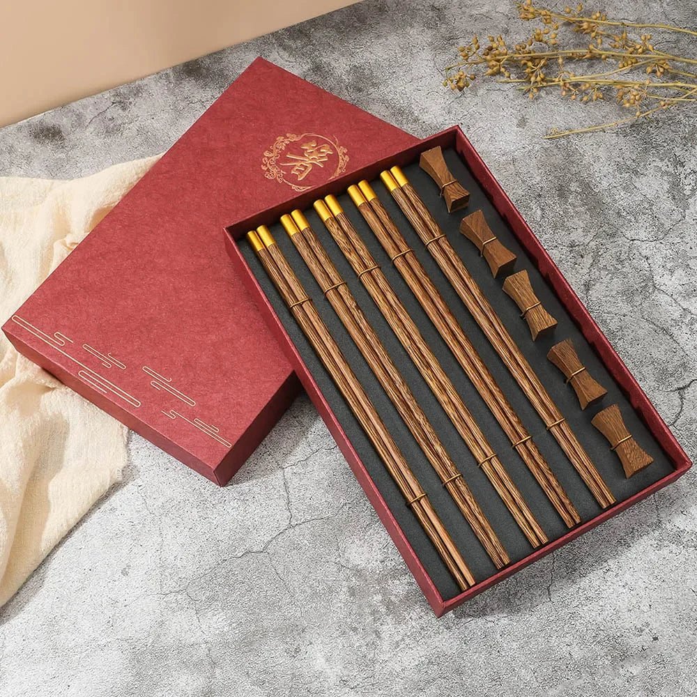 Natural Wood Chinese Chopsticks Gift Set (5 Pairs) - Aptiaide14:193Red gift box