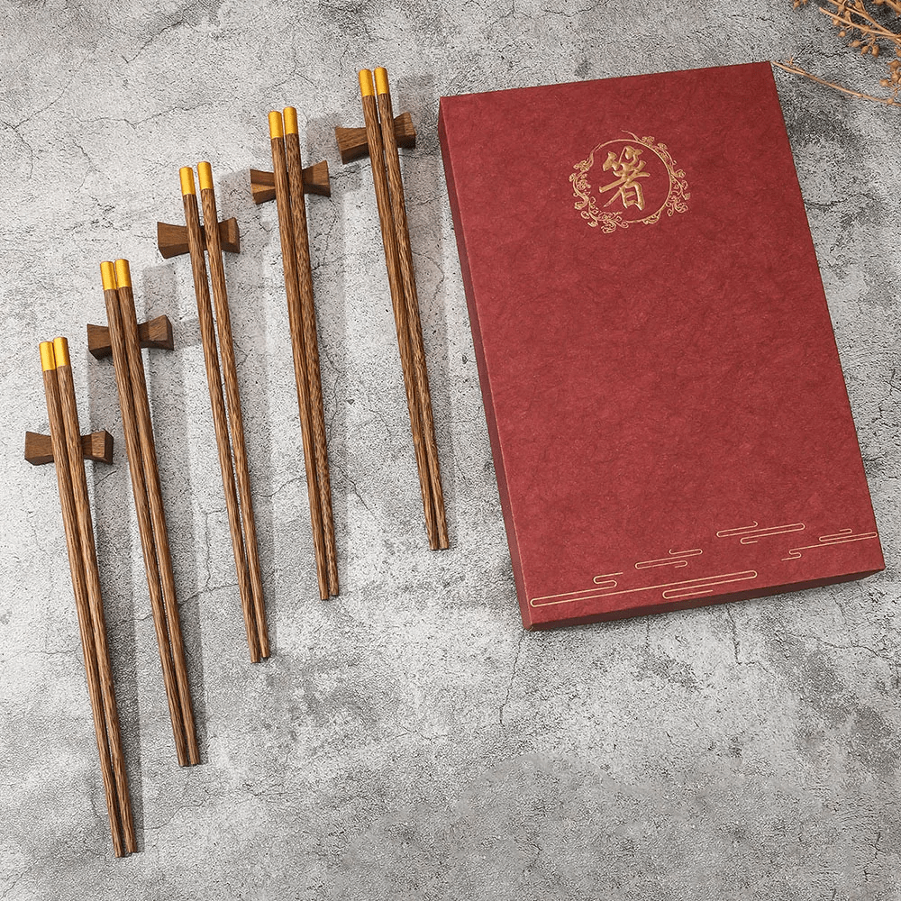Natural Wood Chinese Chopsticks Gift Set (5 Pairs) - Aptiaide14:193Red gift box