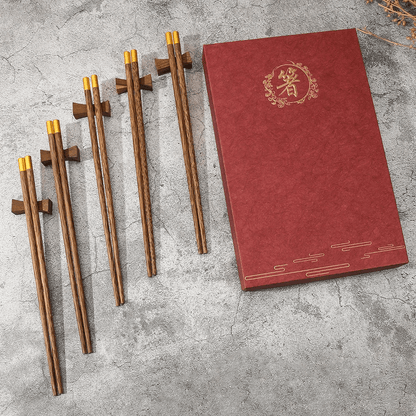 Natural Wood Chinese Chopsticks Gift Set (5 Pairs) - Aptiaide14:193Red gift box
