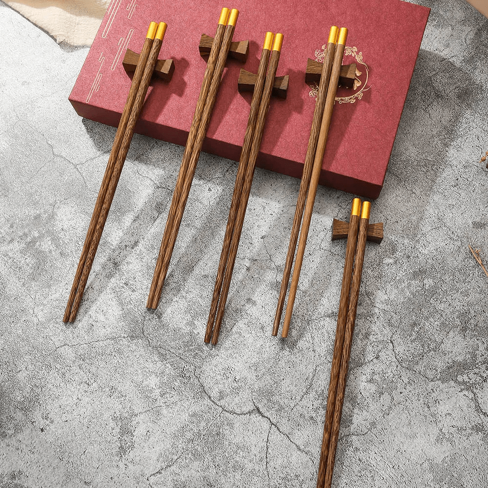 Natural Wood Chinese Chopsticks Gift Set (5 Pairs) - Aptiaide14:193Red gift box