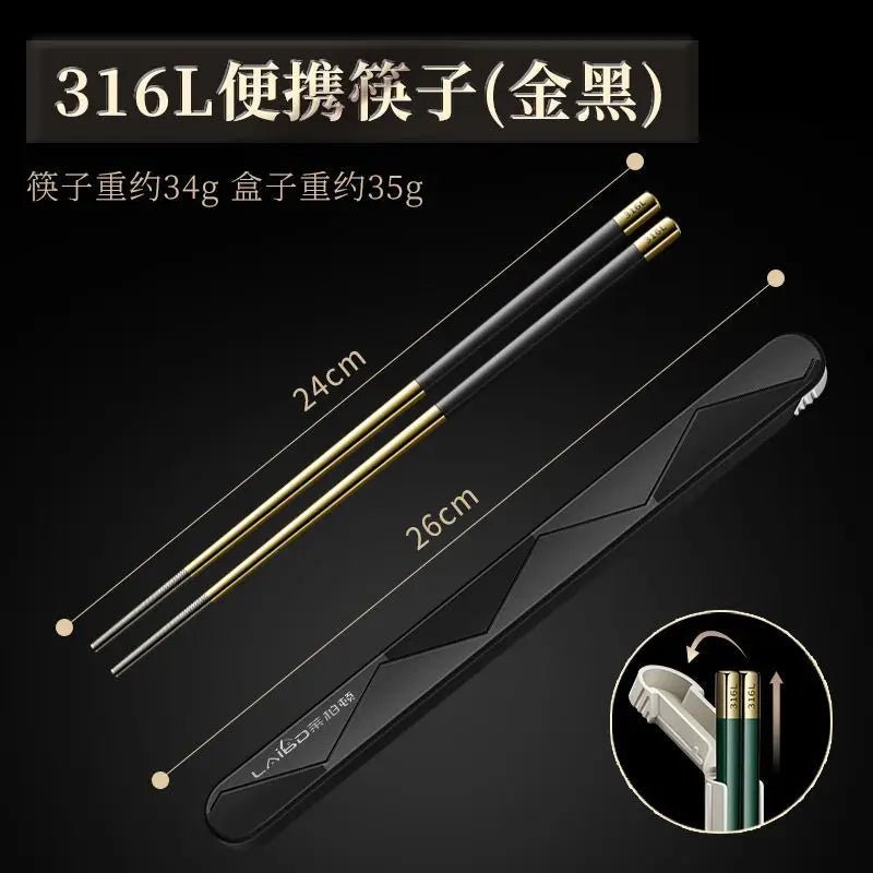 Single Stainless Steel Chopsticks with Folding Storage Box Set (1/2 PCS) - Aptiaide14:366Black-Set