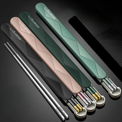Single Stainless Steel Chopsticks with Folding Storage Box Set (1/2 PCS) - Aptiaide14:173Pink-Set