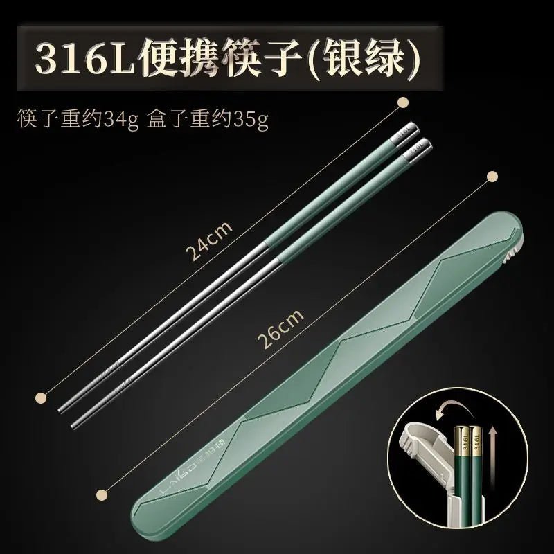 Single Stainless Steel Chopsticks with Folding Storage Box Set (1/2 PCS) - Aptiaide14:1052Dark green-Set