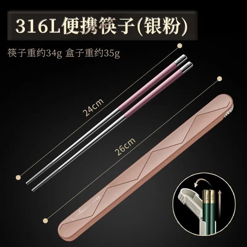 Single Stainless Steel Chopsticks with Folding Storage Box Set (1/2 PCS) - Aptiaide14:173Pink-Set