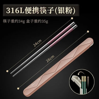 Single Stainless Steel Chopsticks with Folding Storage Box Set (1/2 PCS) - Aptiaide14:173Pink-Set