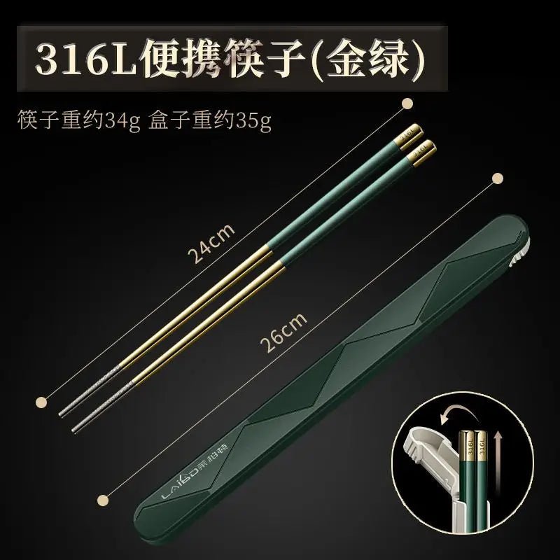 Single Stainless Steel Chopsticks with Folding Storage Box Set (1/2 PCS) - Aptiaide14:496Light green-Set